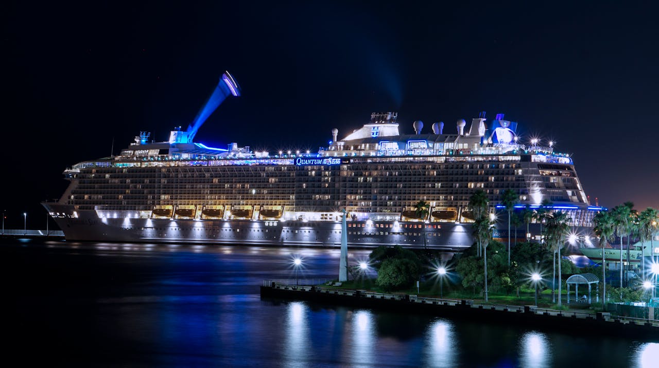 services-02 A stunning view of a cruise ship illuminated and docked at night in Fukuoka harbor.
